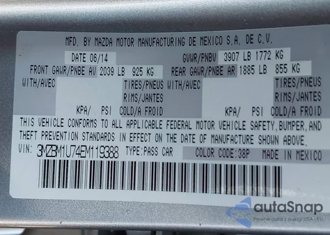 2014 Mazda Mazda3 I Sport from USA, damaged, VIN 3MZBM1U74EM119388